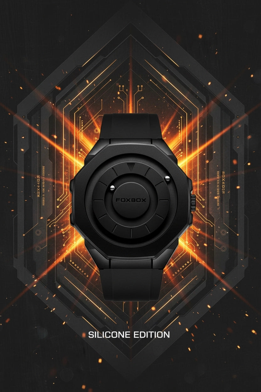 A black FOXBOX silicone watch band or watch face component centered on a dark futuristic graphic background with orange light effects and the text 'SILICONE EDITION' below.