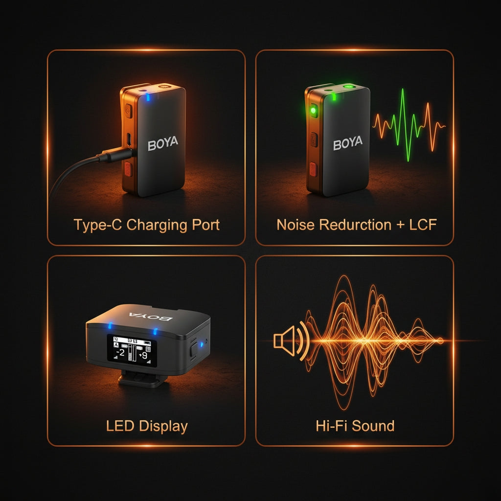 BOYA audio device with features highlighted on a dark background