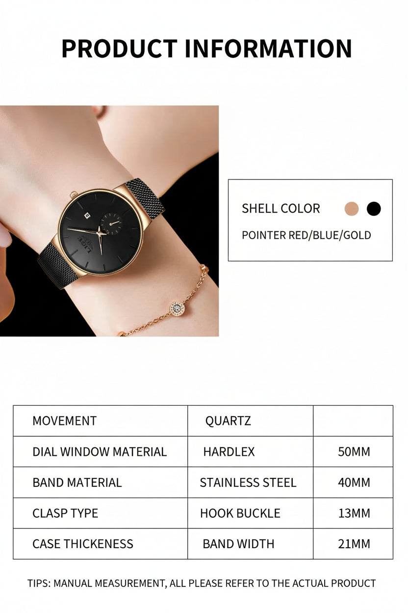 Product information card for a watch with shell color options and specifications.