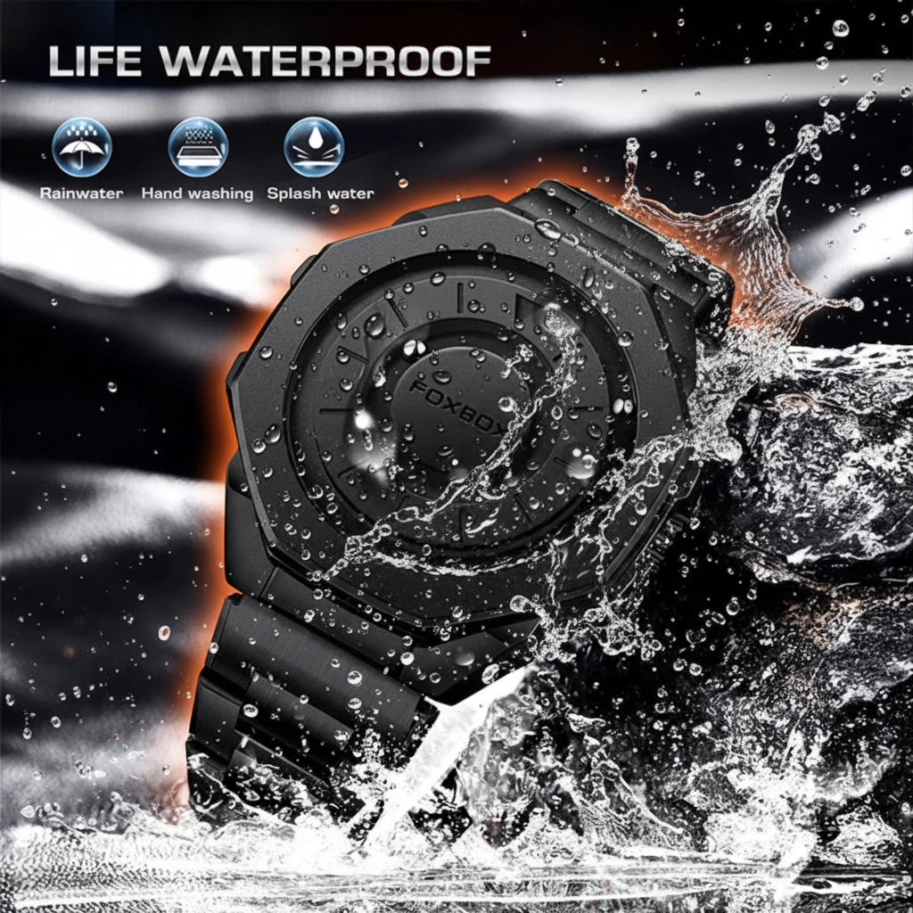 A black digital wristwatch with a rugged case and matching band, shown partially submerged in splashing water. The image includes marketing text reading 'LIFE WATERPROOF' and icons for rainwater, hand washing, and splash water resistance.