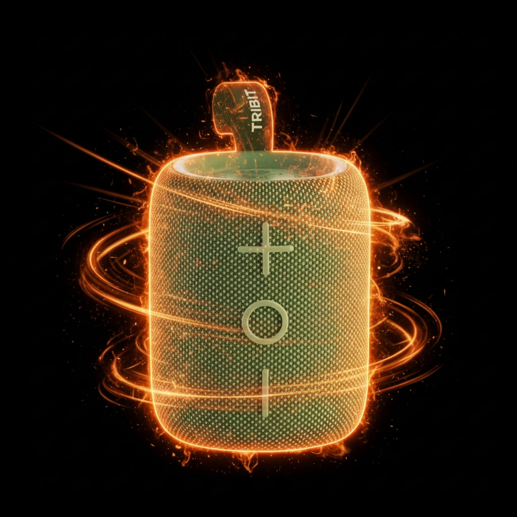 Green Bluetooth speaker with 'Tribit' branding on a black background