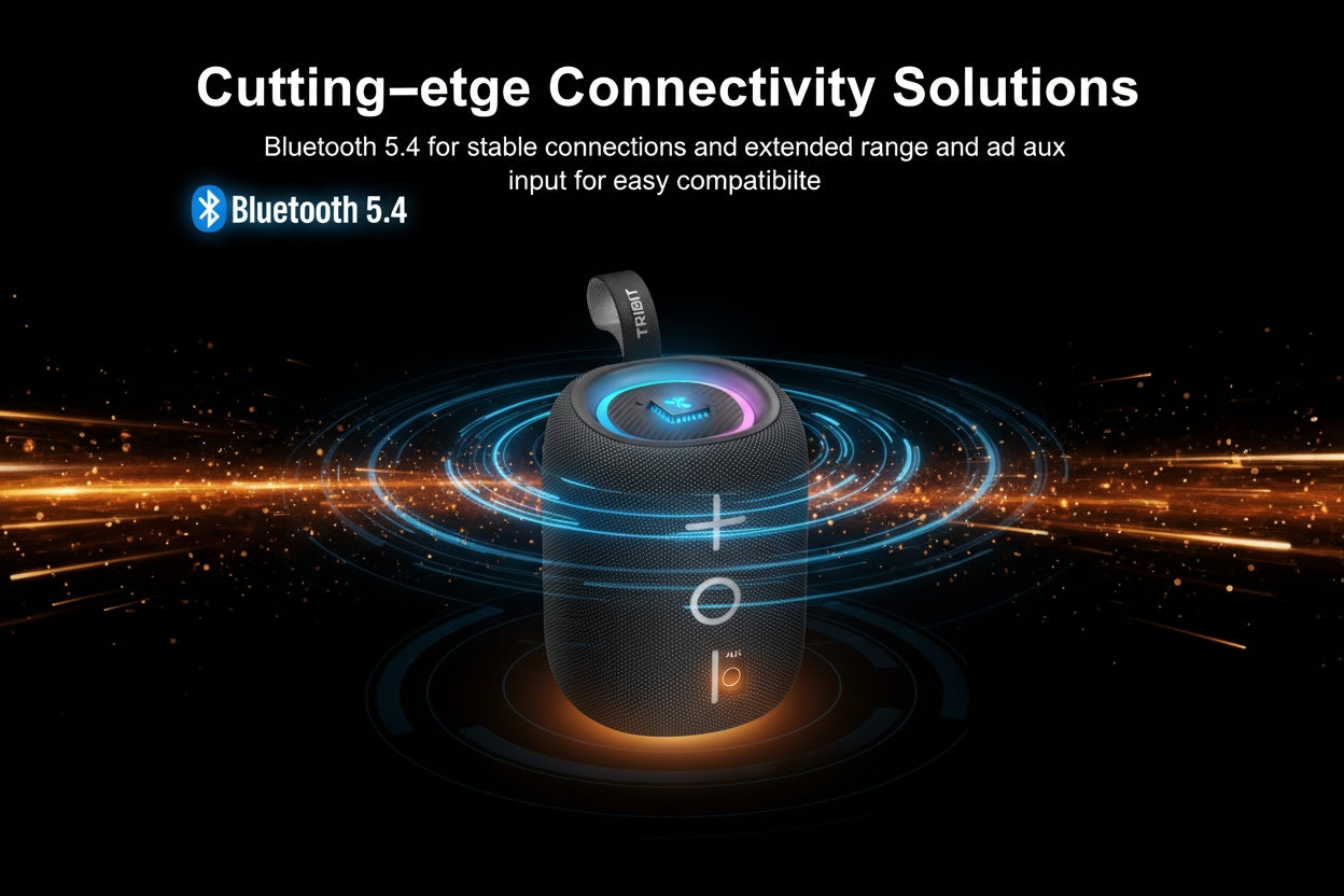Bluetooth speaker with connectivity solutions text on a dark background