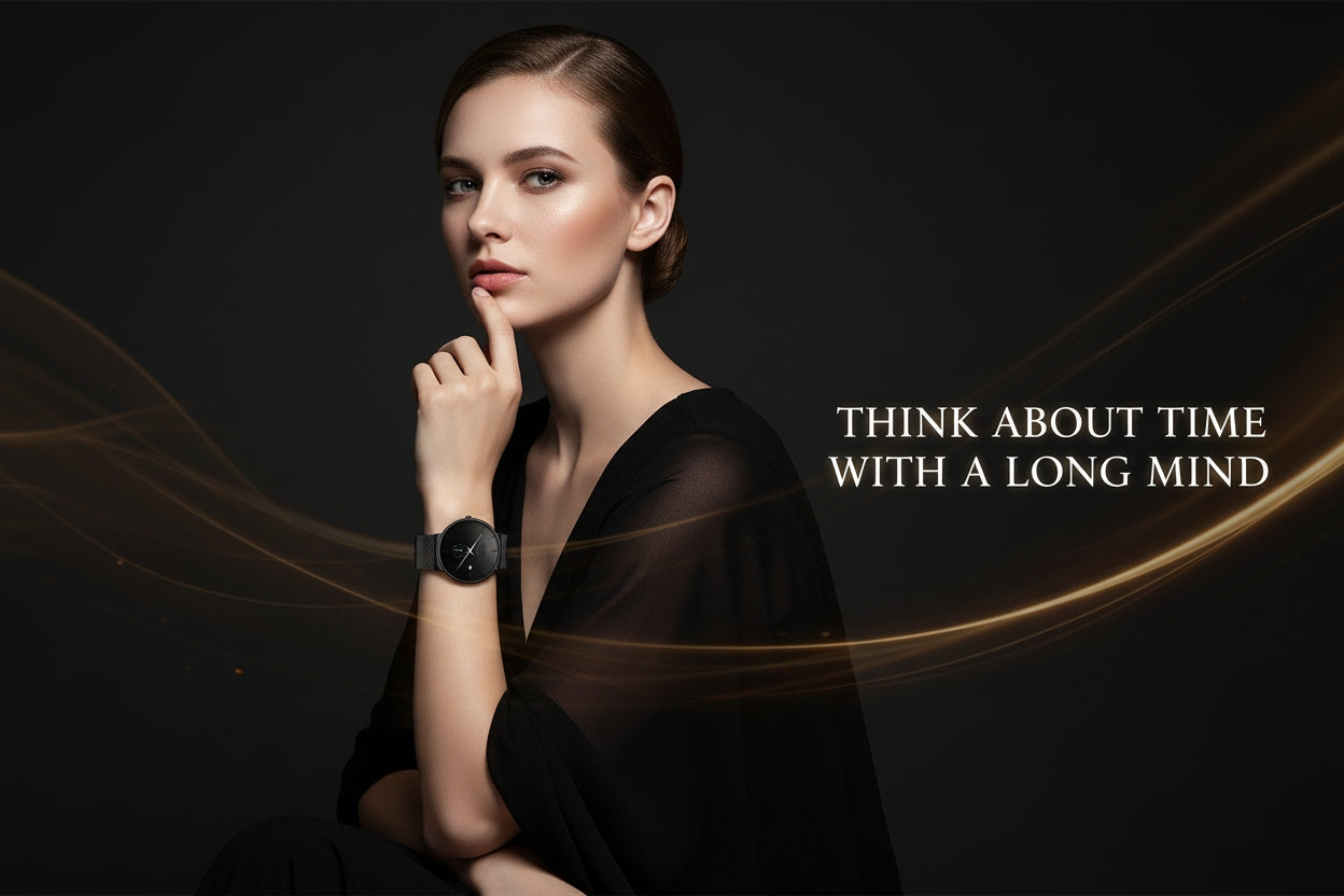 Woman in a black dress with a watch, against a dark background with text 'Think about time with a long mind'.