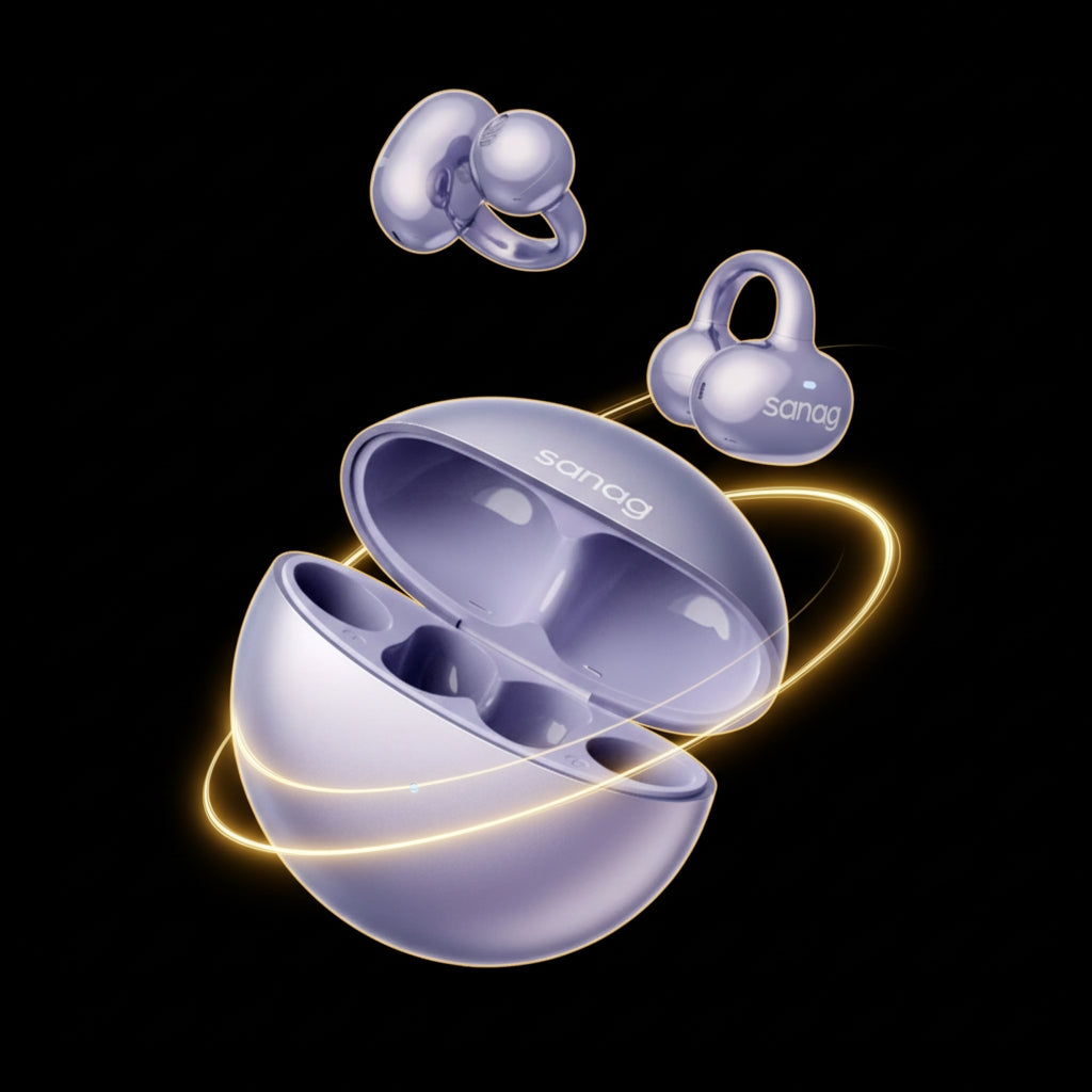 Purple wireless earbuds with charging case on a black background