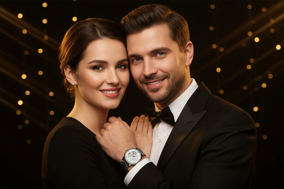A man and a woman in formal black tuxedos pose closely together against a dark background with warm golden bokeh lights. The man wears a black bow tie and a wristwatch with a silver-toned case and white dial.