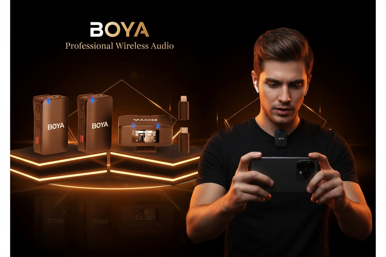Man holding a smartphone with Boya professional wireless audio equipment in the background