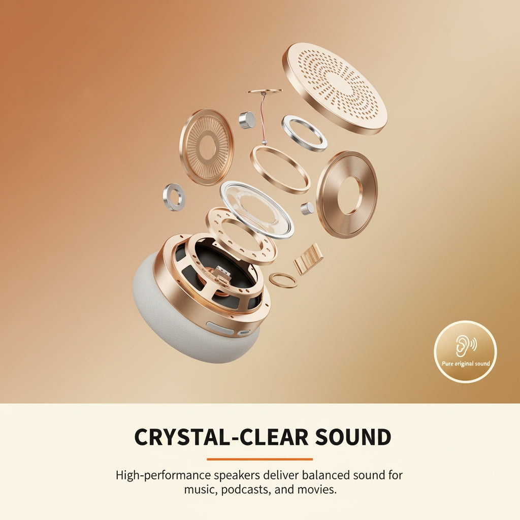 Speaker with exploded view on a gradient background, highlighting 'Crystal-Clear Sound' feature.