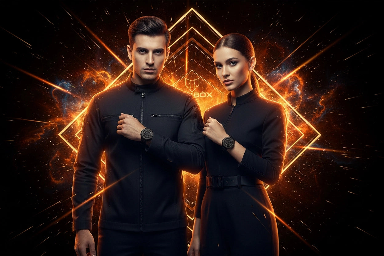 Two people wearing black outfits with a glowing geometric design in the background