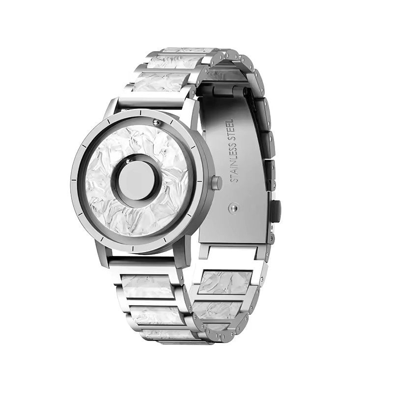 A stainless steel watch with a textured, marbled silver dial and matching textured metal link bracelet, shown from a three-quarters angle on a white background.