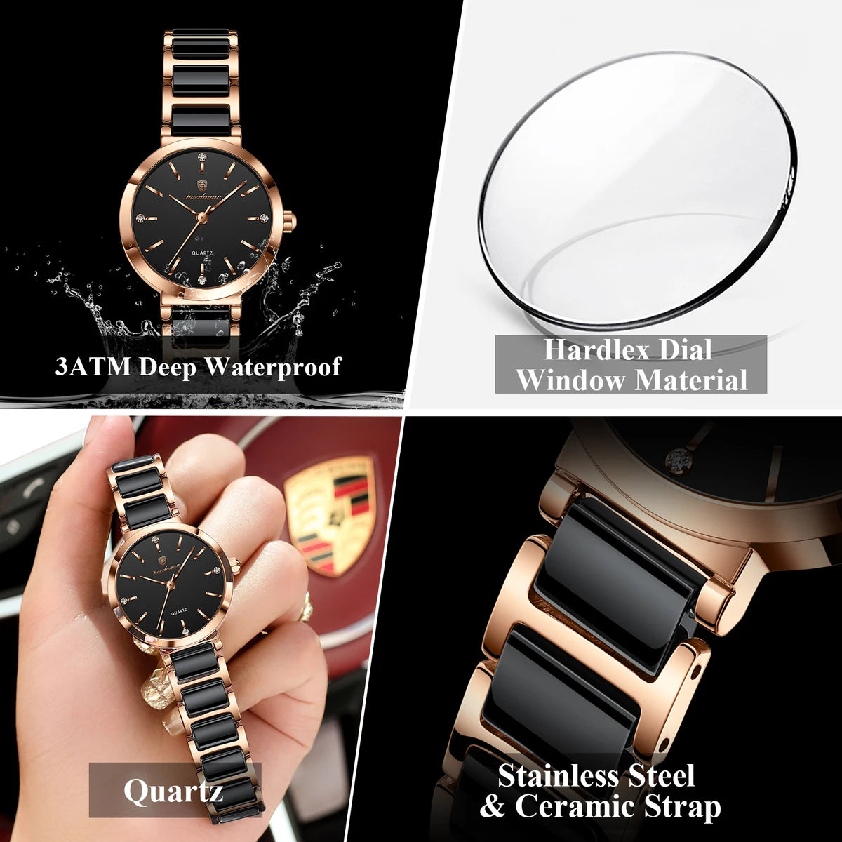 Collage of a watch with features highlighted, including waterproof rating, dial material, movement type, and strap material.