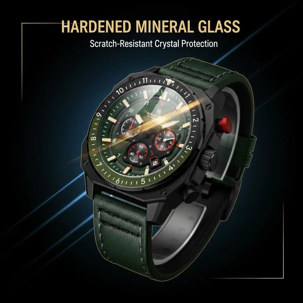 A rugged chronograph-style wristwatch with a dark green leather strap, black case, olive green bezel, and red accent buttons, shown on a dark promotional background with text reading 'HARDENED MINERAL GLASS' and 'Scratch-Resistant Crystal Protection.'.