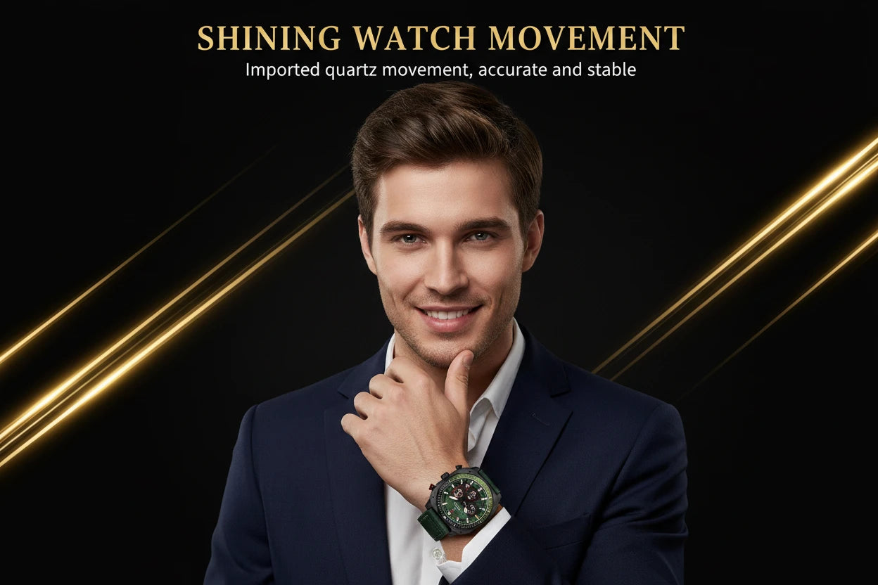 A man in a navy suit and white shirt wears a dark green watch with a black bezel against a black background with gold text reading 'SHINING WATCH MOVEMENT' and gold diagonal light streaks.