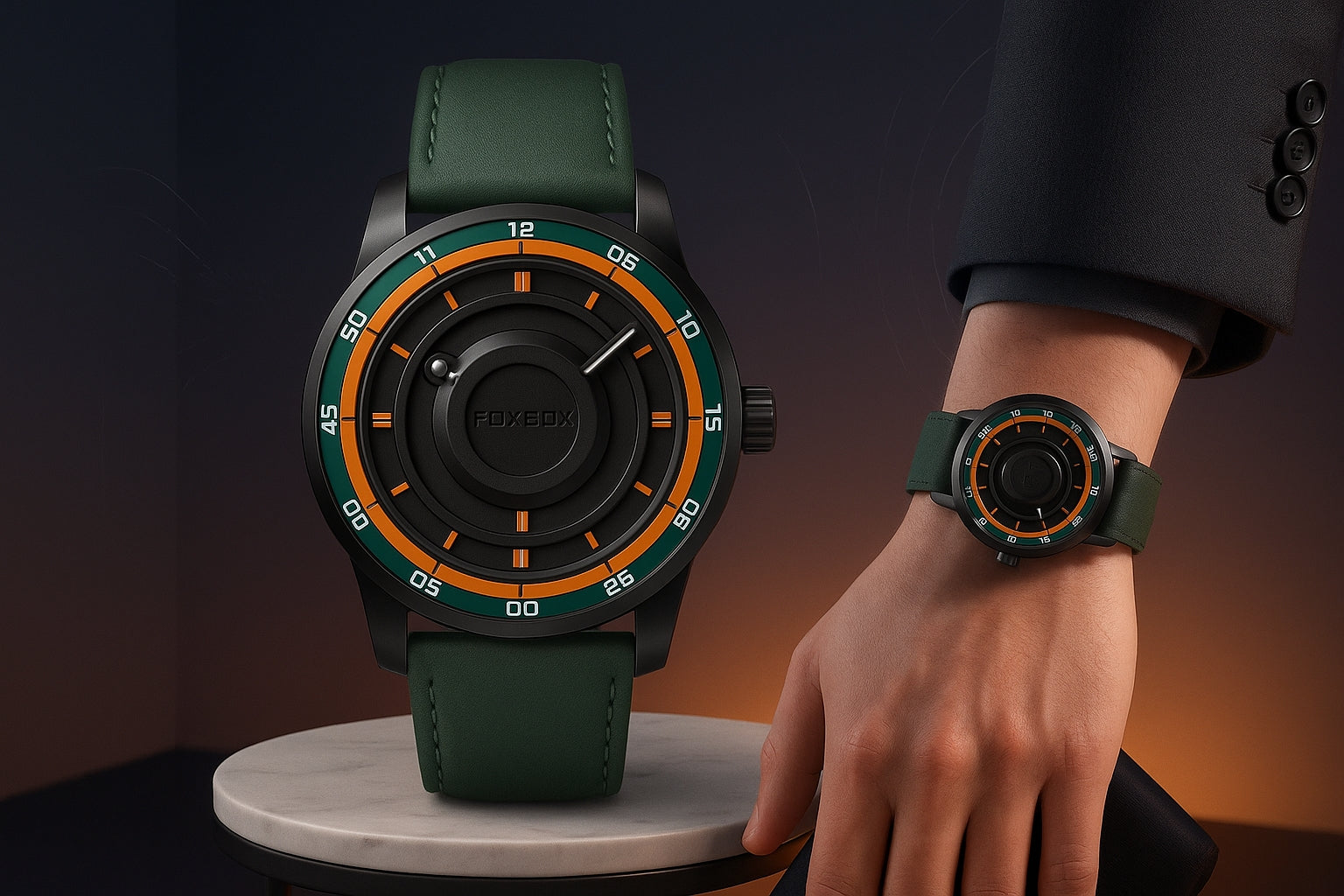 Green watch with black and orange face on a stand, worn on a wrist.