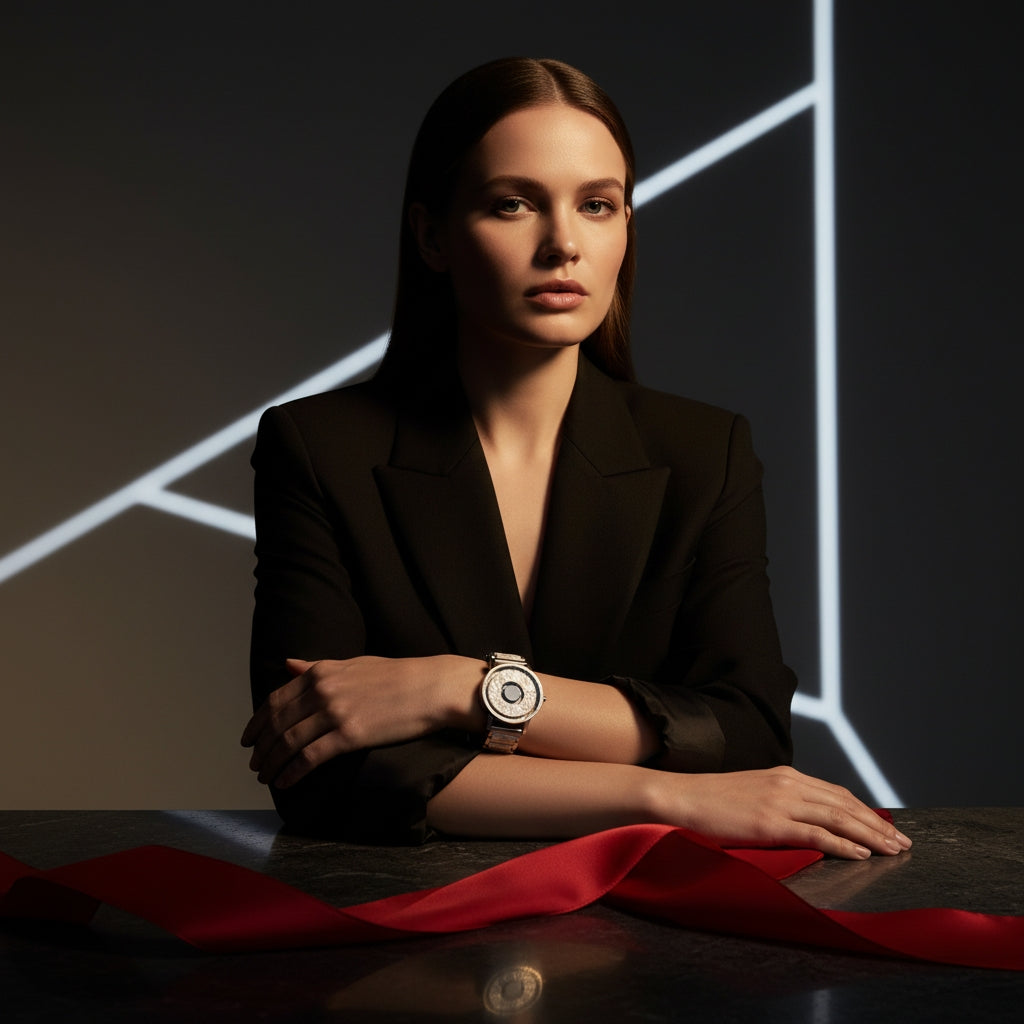 Woman in a black blazer with a watch, sitting at a table with red fabric, against a dark background with geometric lines.