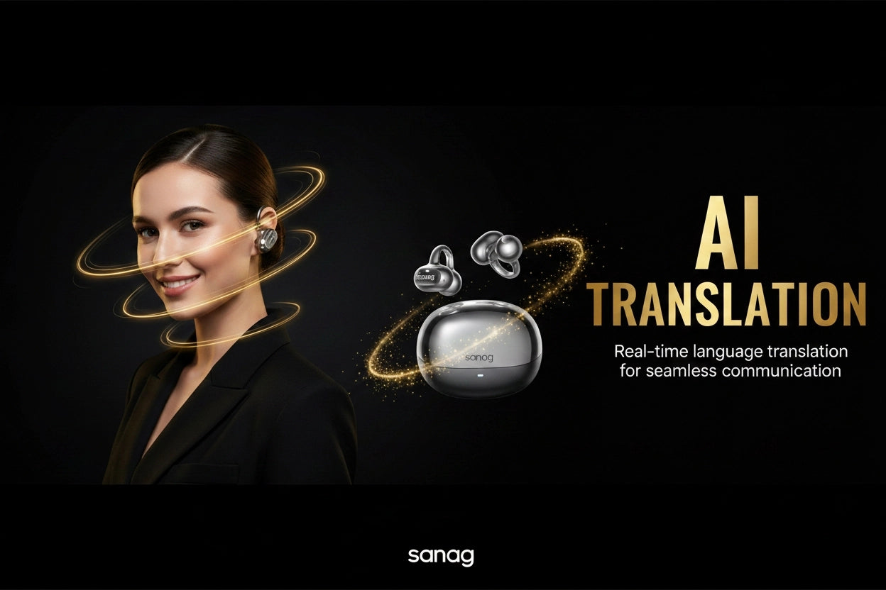 Advertisement for AI translation device with a woman and product on a dark background, featuring the brand 'sanag'.