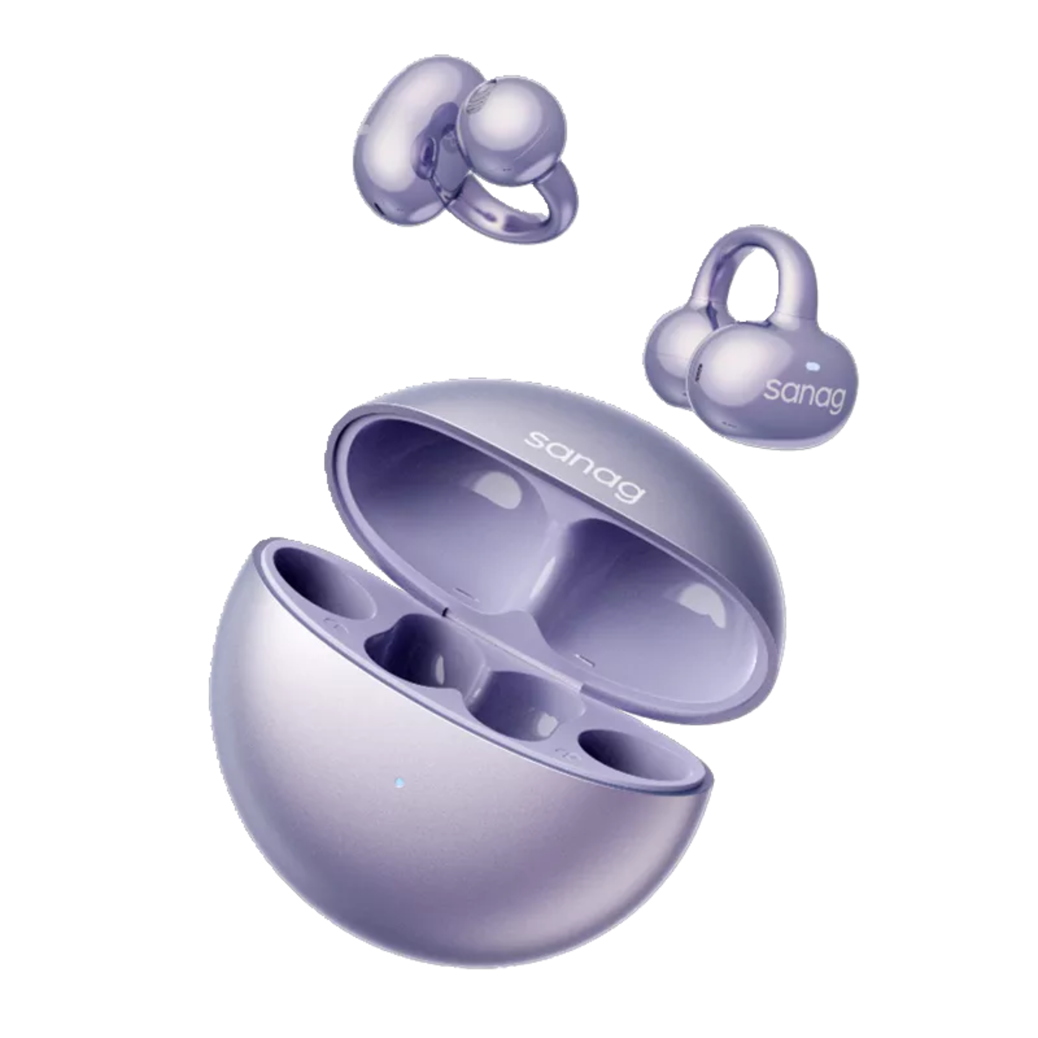 Sanag S6S sport earbuds in purple color with a charging case.