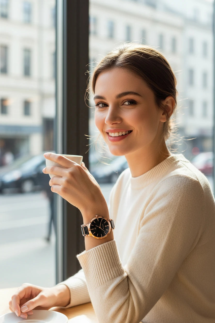 A woman in a cream knit sweater smiles while holding a cup by a large window, wearing a round wristwatch with a black dial and gold-tone case.