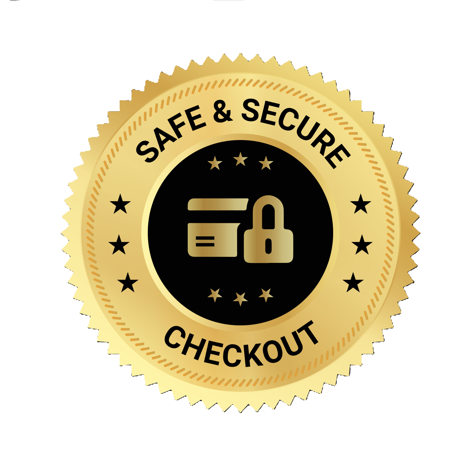 Gold and black badge with 'Safe & Secure Checkout' text and icons.