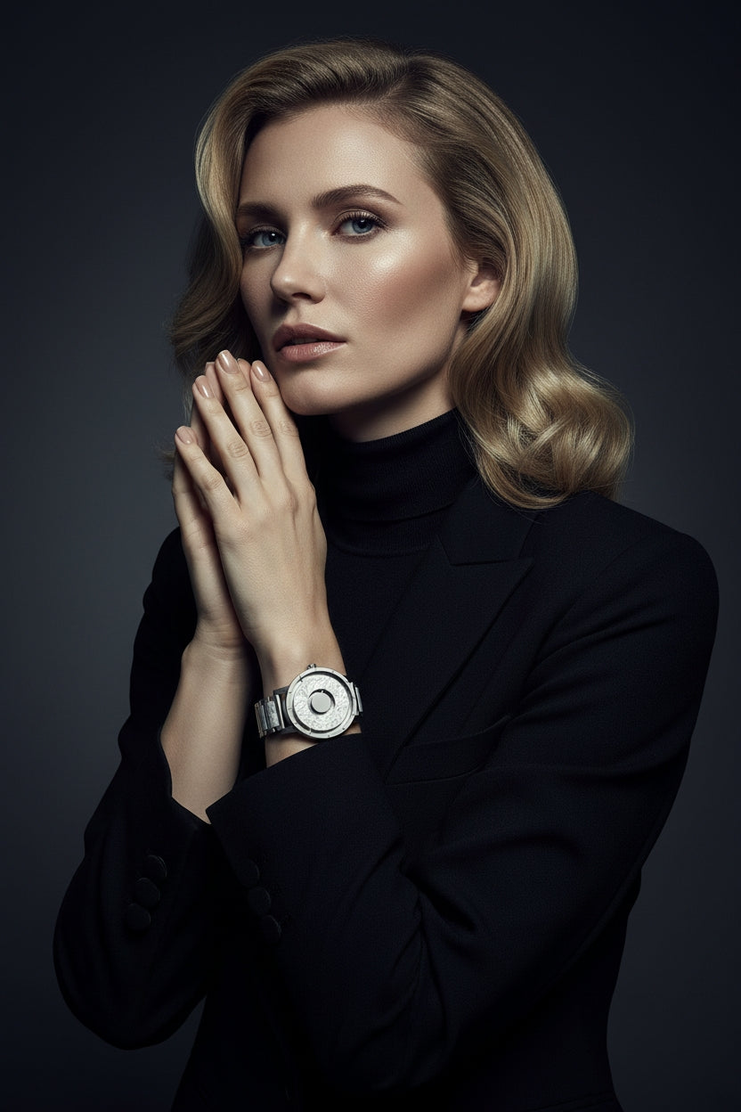 Woman wearing a black turtleneck and dark coat with a watch on a dark background