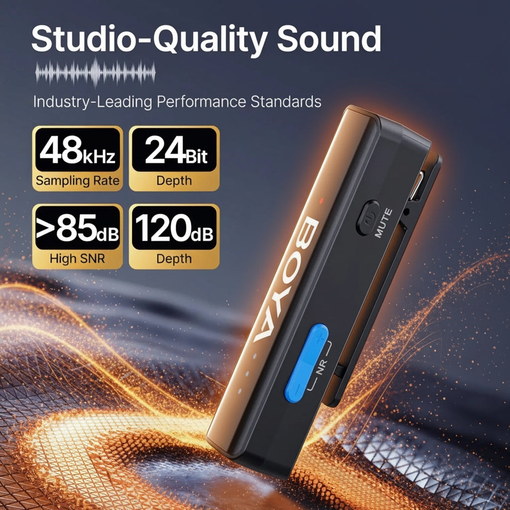 BOYA BY-M1 audio recorder with studio-quality sound features on a dark background
