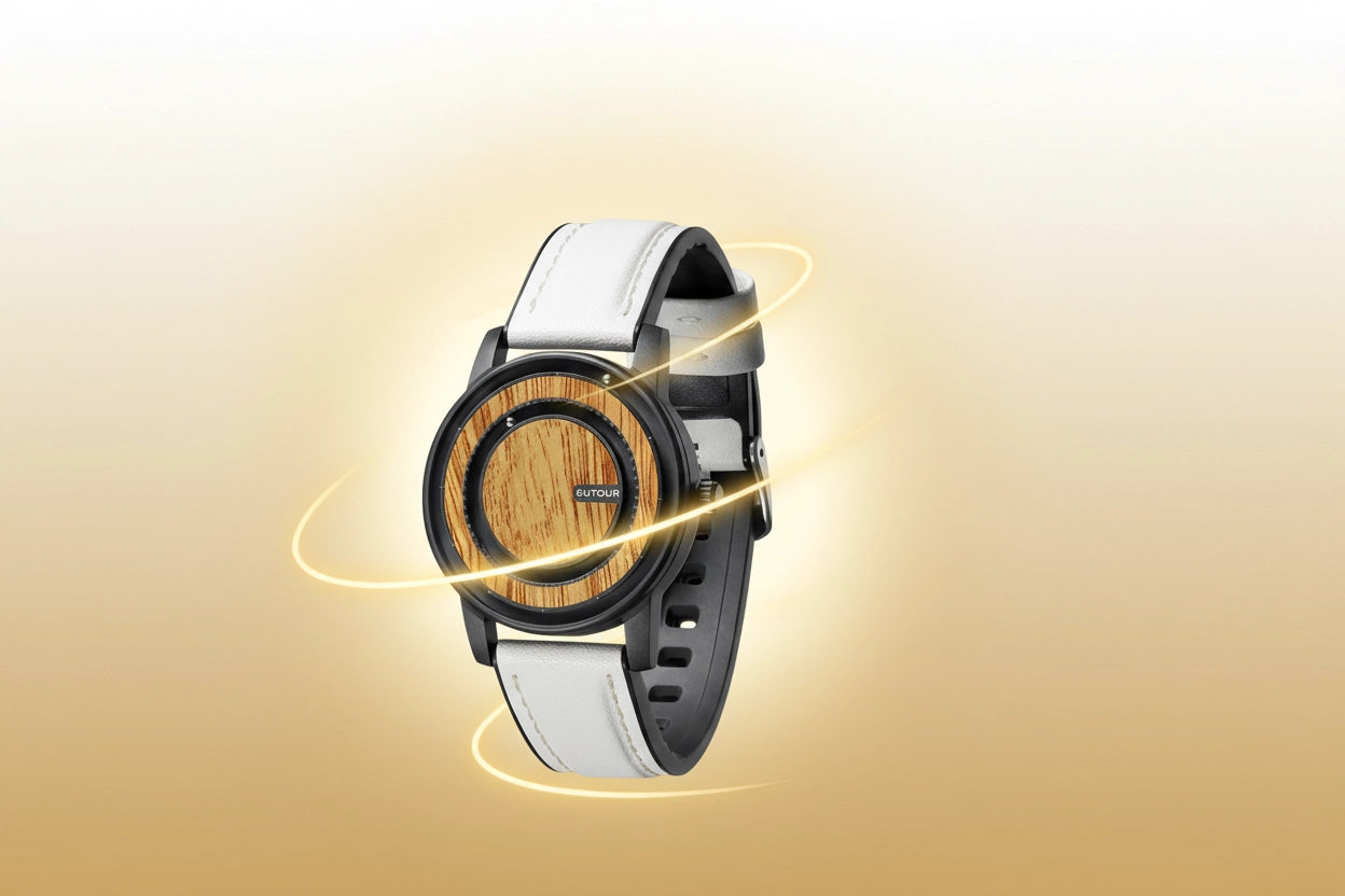 A smartwatch with a round wooden-patterned face and a white-and-black strap, shown floating against a warm beige gradient background with glowing light effects.