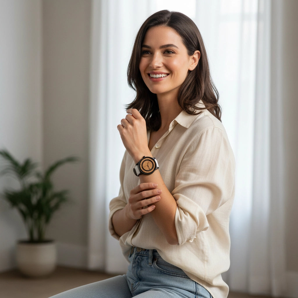 A woman wearing a round wooden watch with a black bezel and a light-colored leather strap, sitting in a bright, modern room with white curtains and a potted plant in the background.