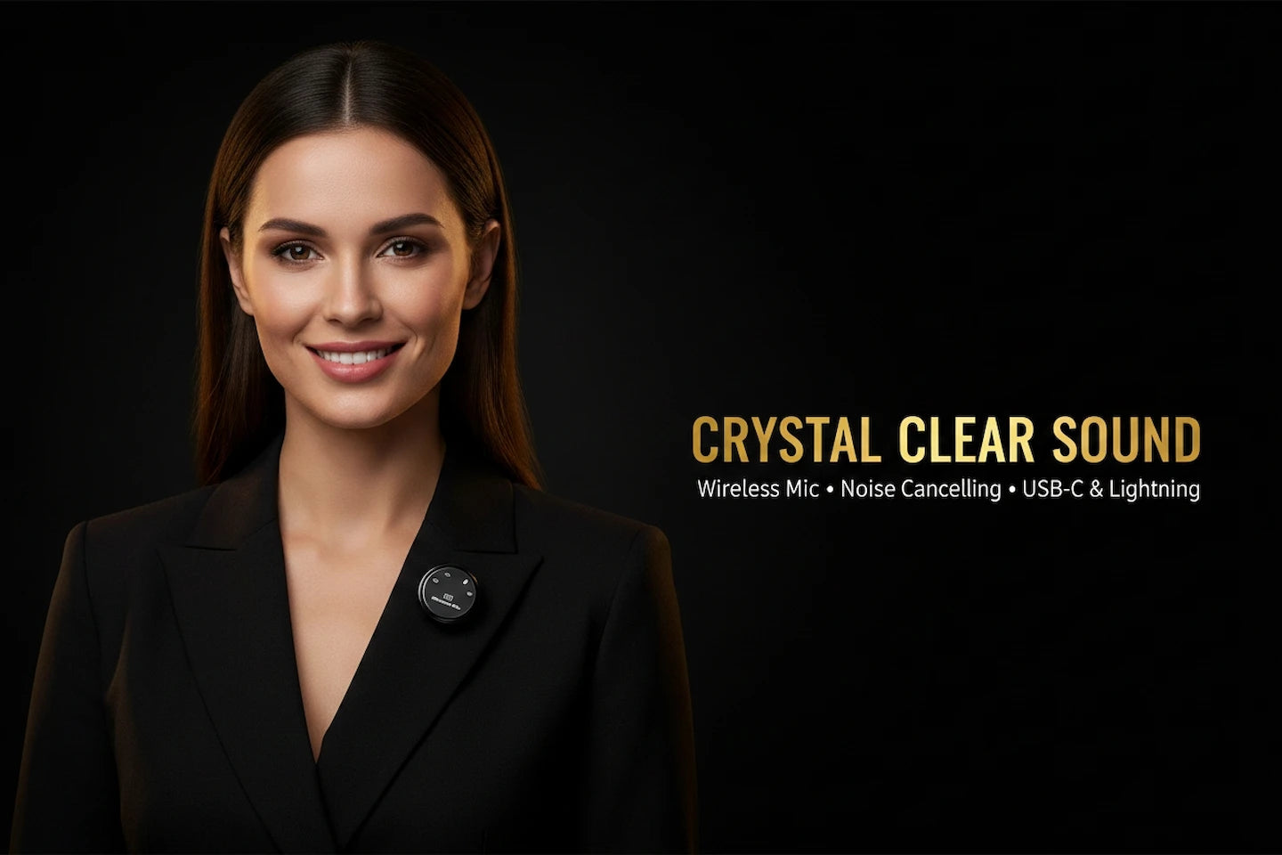 Woman in a black suit with a microphone on a black background, featuring 'Crystal Clear Sound' text.