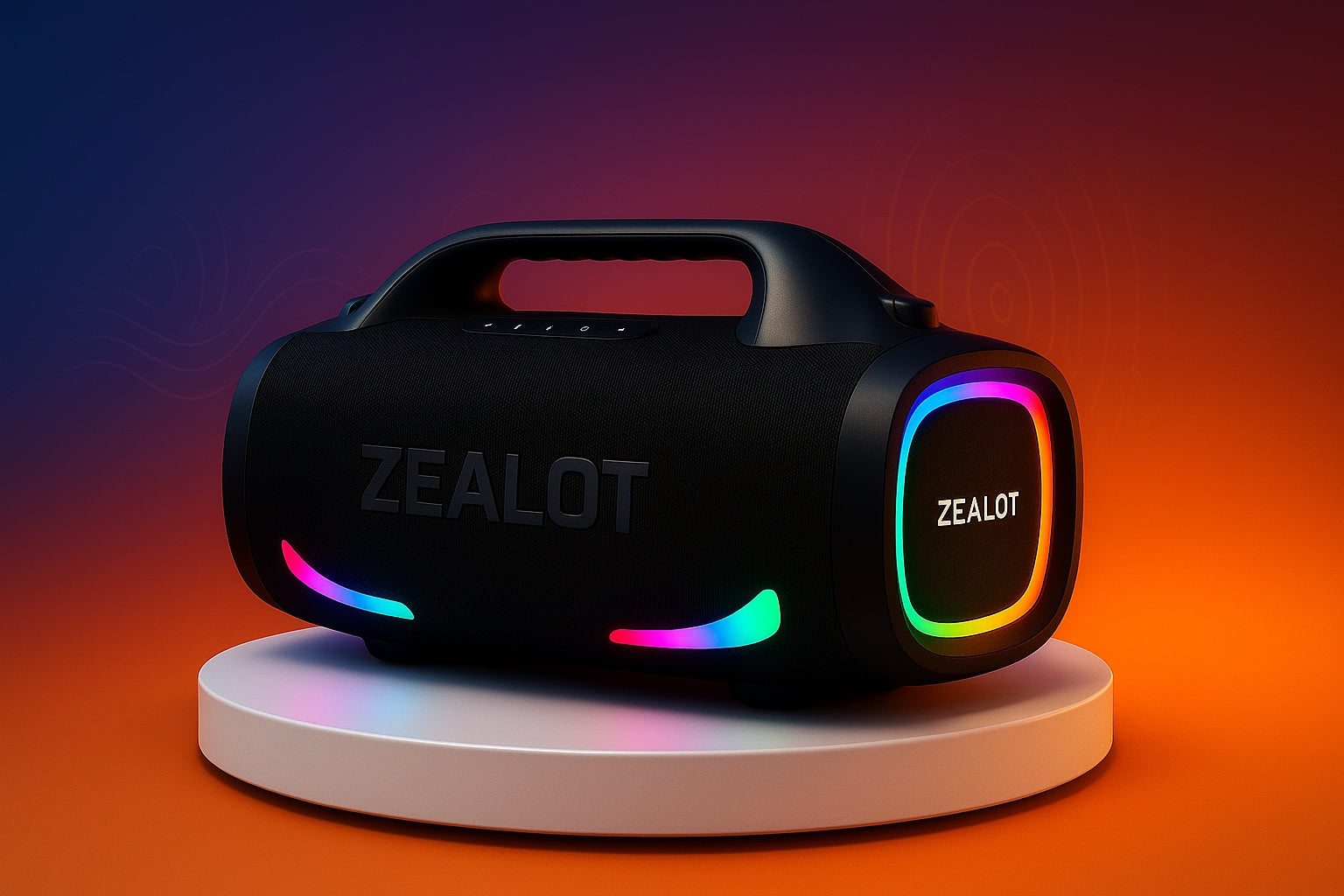 Black portable speaker with colorful LED lights on a gradient background, featuring the brand 'ZEALOT'.