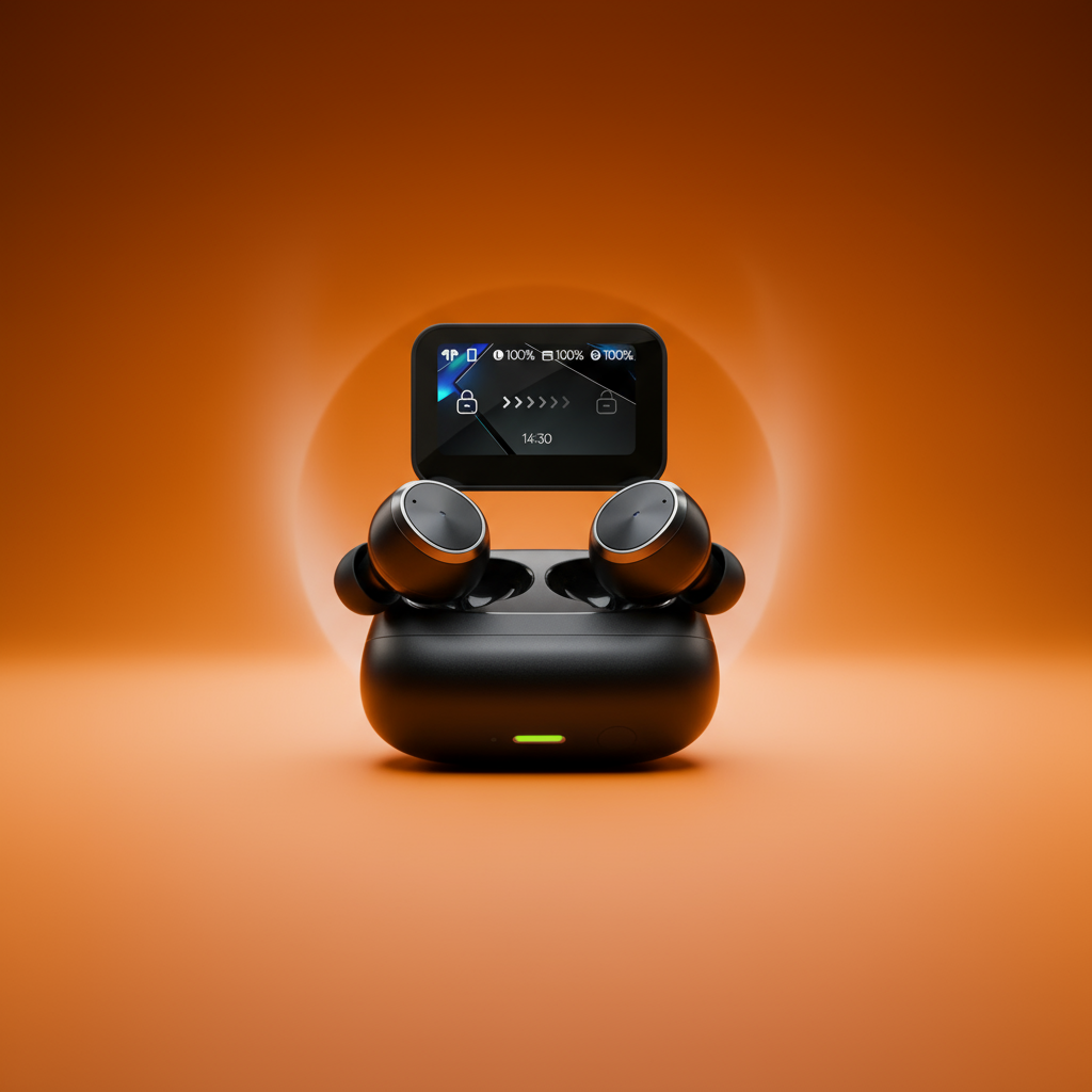 Baseus Bowie M2s Ultra wireless earphones with smart display on orange background