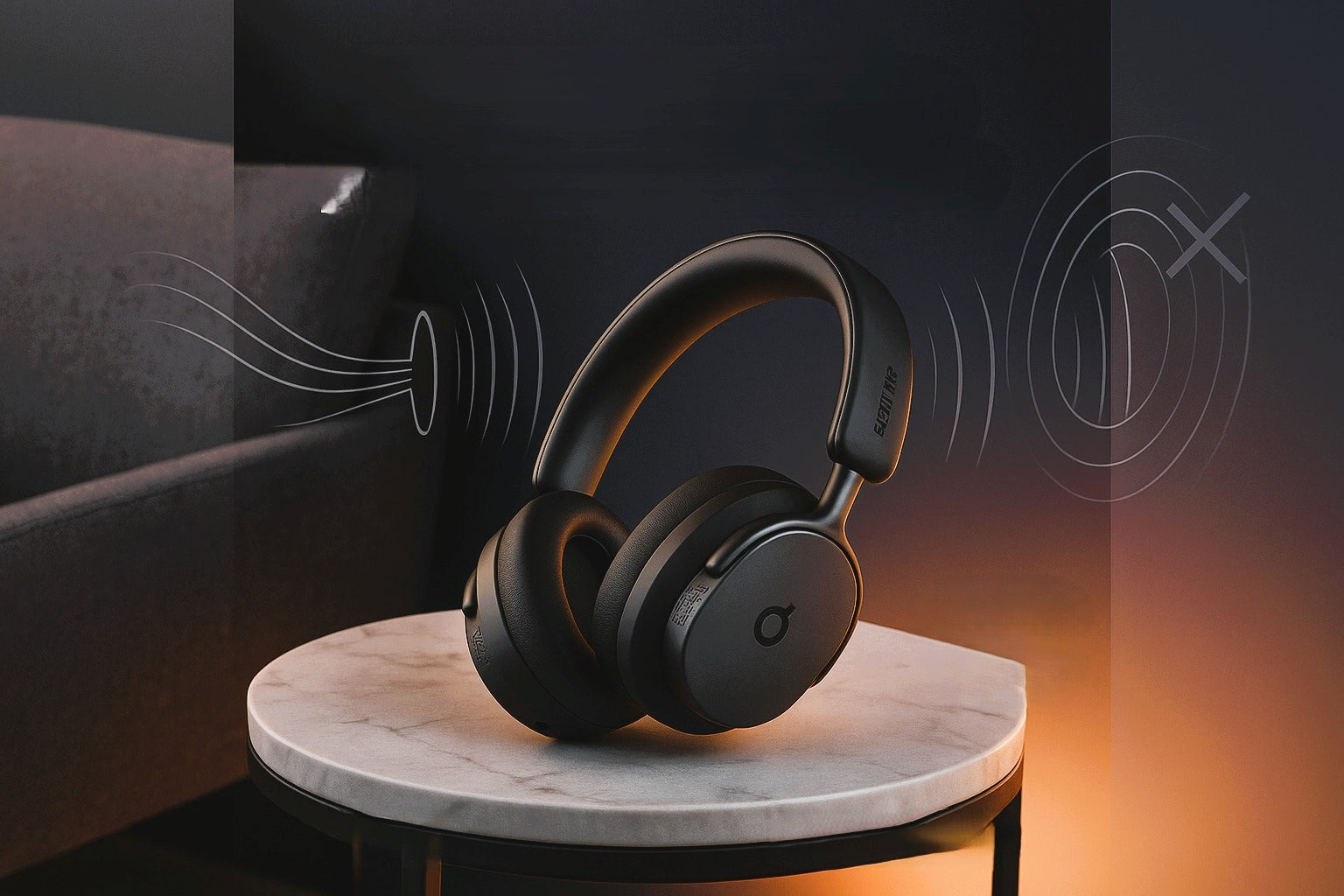 Baseus Inspire XH1 Premium Wireless Headphones displayed on white marble pedestal against dark gradient background with orange lighting, featuring sleek black design with orange accents and sound wave graphics illustrating noise cancellation technology
