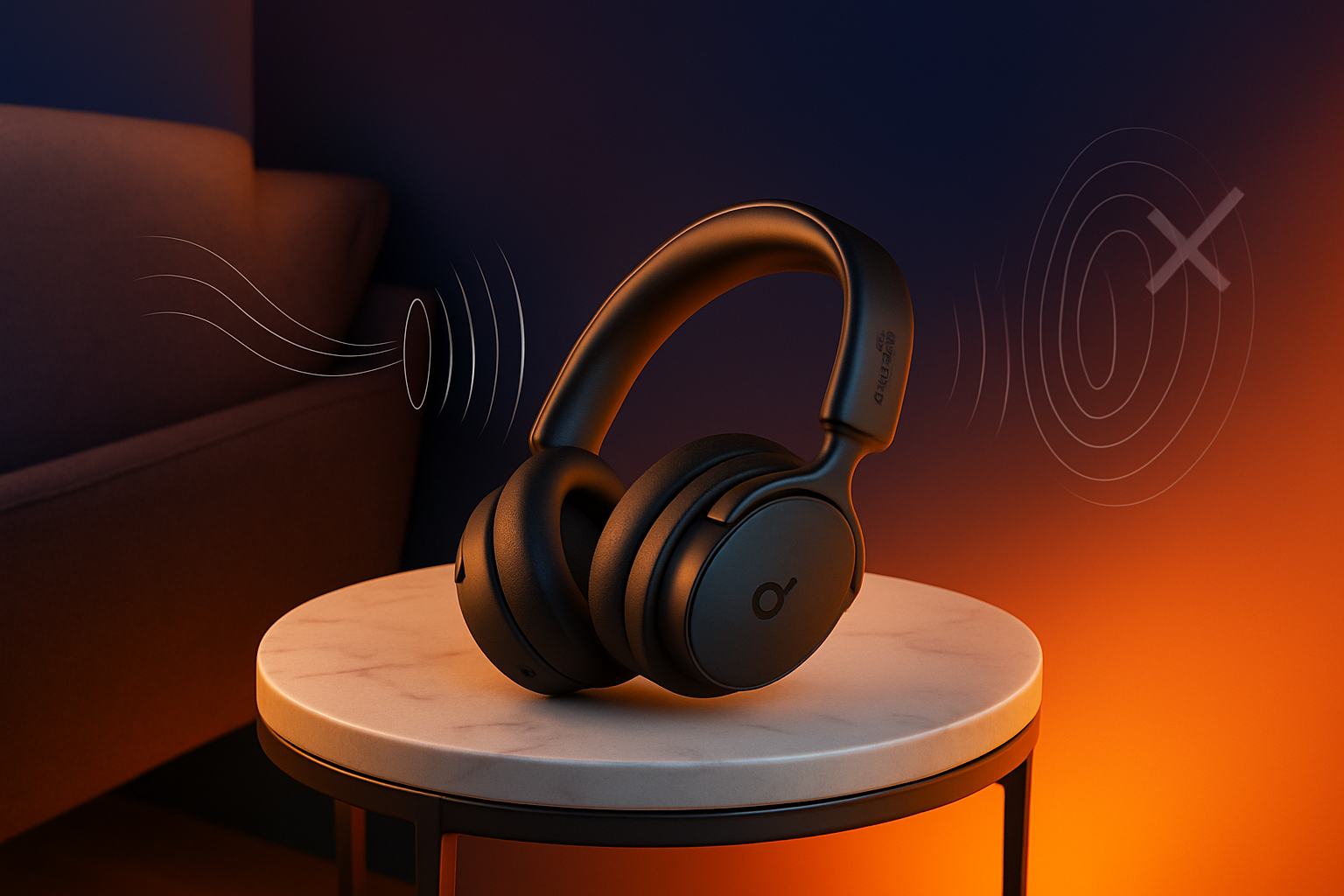 Premium Baseus wireless headphones featuring black design with orange accents, positioned on circular white marble surface against gradient background with artistic sound wave and audio visualization graphics