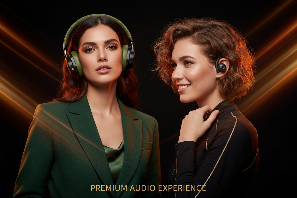 Premium audio collection on wooden platform with elegant green wavy background - headphones, Bluetooth speaker, and wireless earbuds showcase