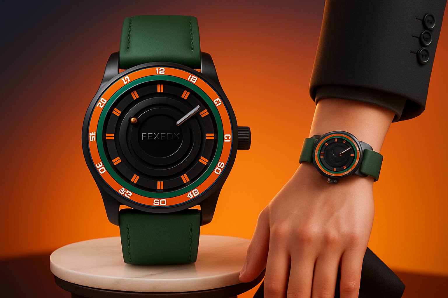 Product slide with green and orange sports watch using gradient background and design elements