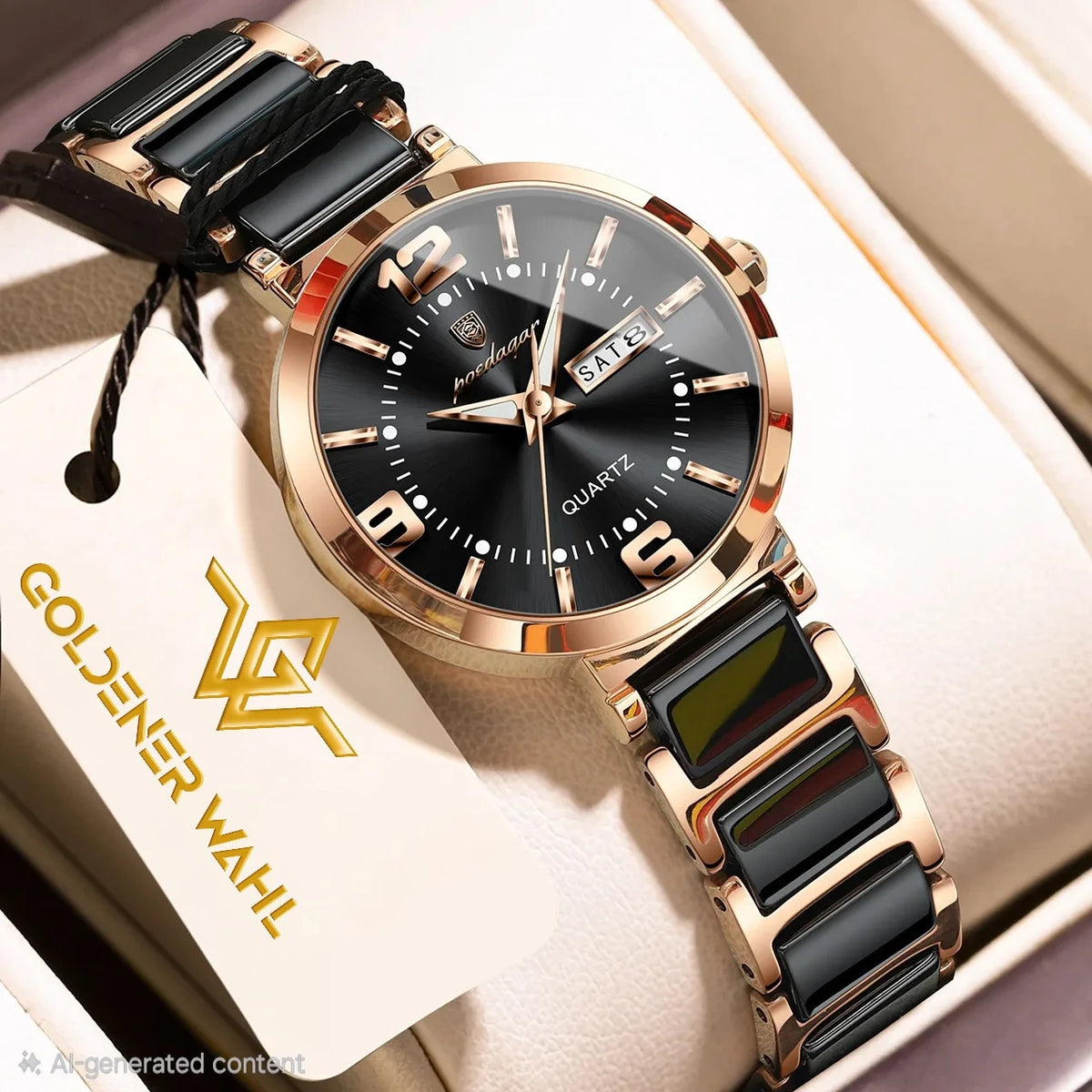 Goldener Wahl quartz watch with a black dial and black rectangular ceramic links, presented in a cream-colored gift box with a branded tag.