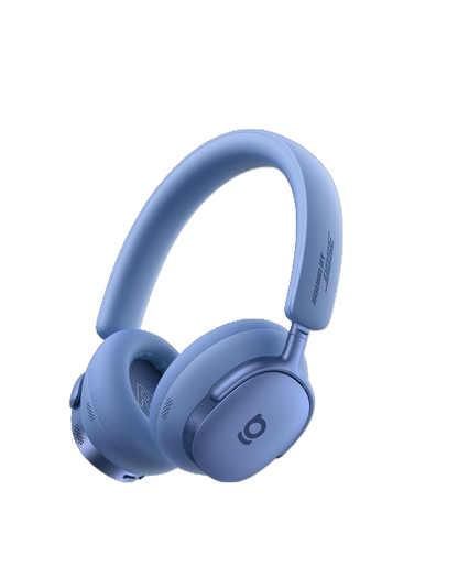 Blue headphones with a brand logo on a white background