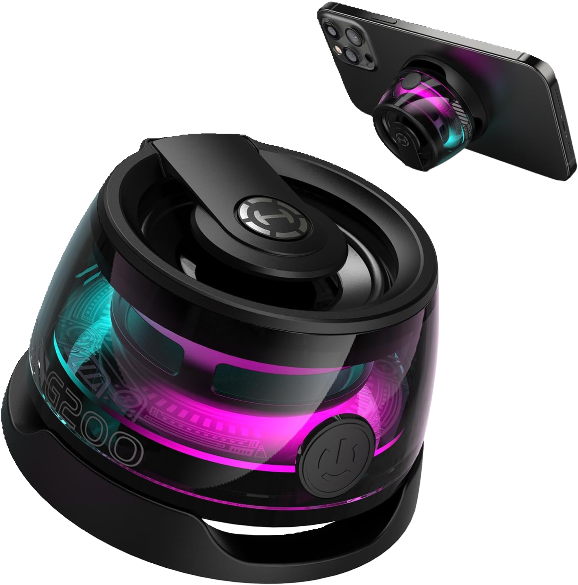 Edifier Magnetic Bluetooth Speaker with a transparent design and RGB lighting, showing the speaker driver and magnetic base.