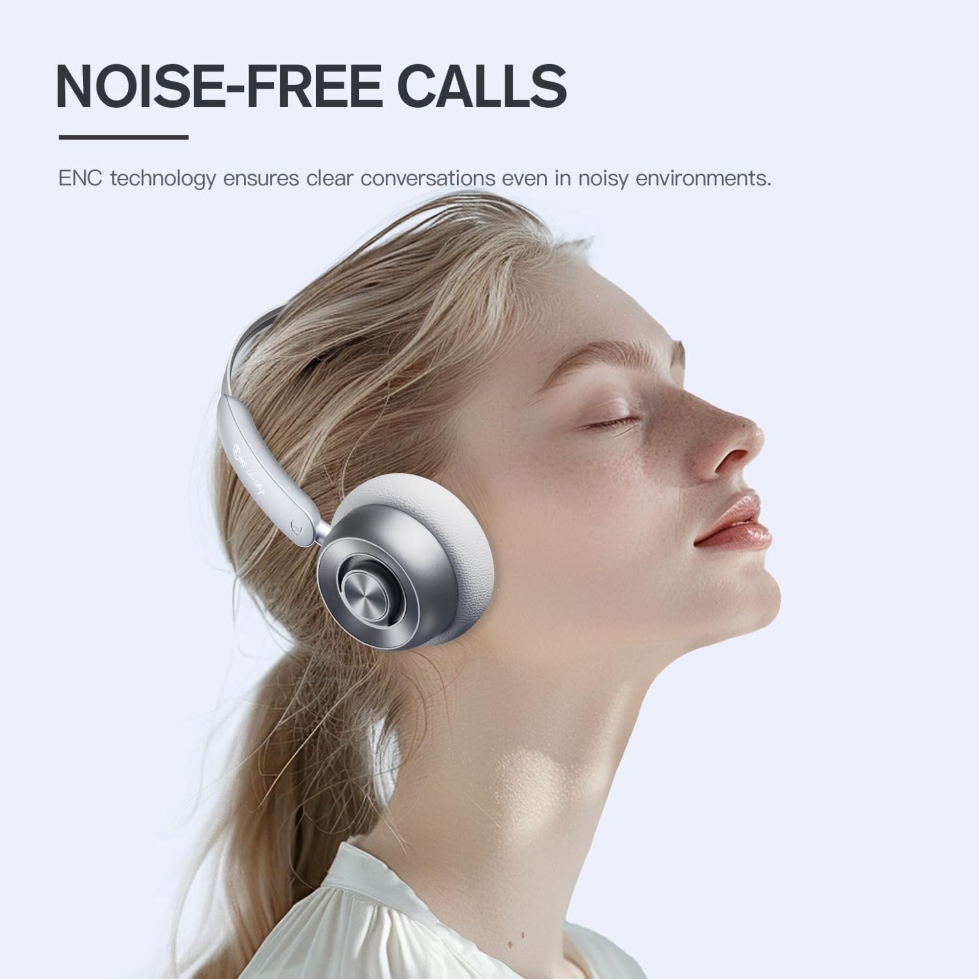 Woman wearing white headphones with 'Noise-Free Calls' text on a light gray background