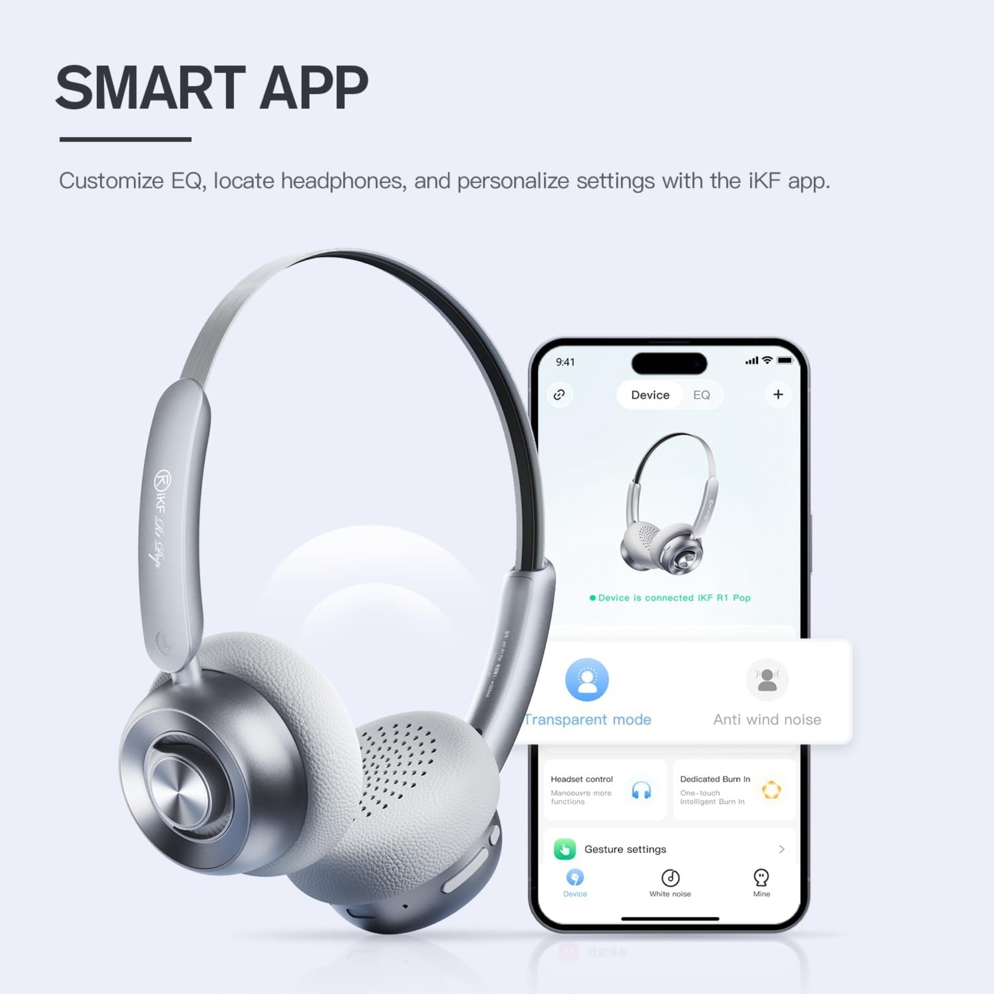 Headphones with a smartphone displaying an app interface on a light gray background