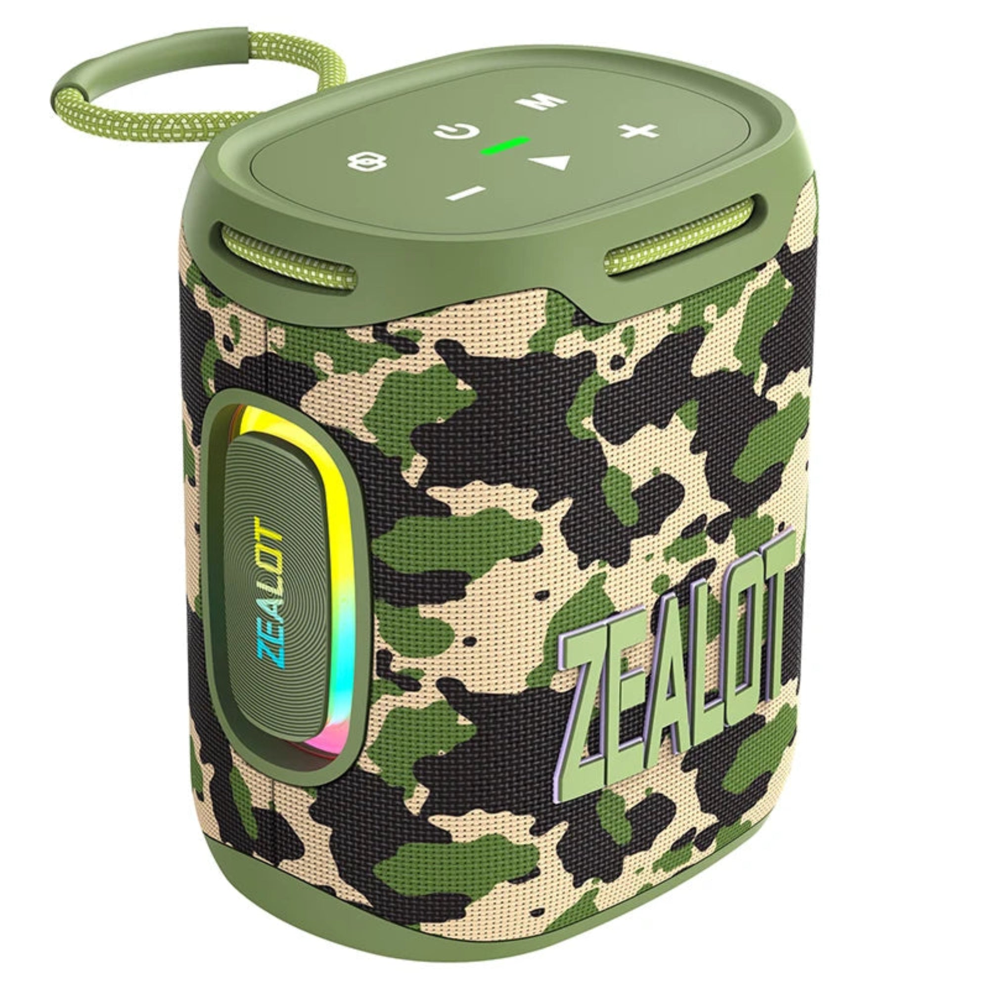 A portable wireless speaker with a blue fabric exterior, orange accents, and the brand name 'Zealot' visible on the front.