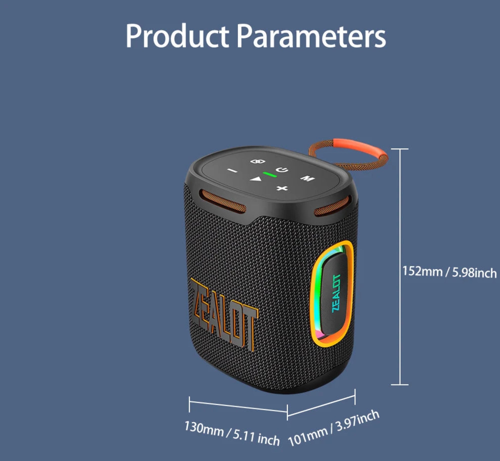 Black portable speaker with TEALOT branding and dimensions on a blue background