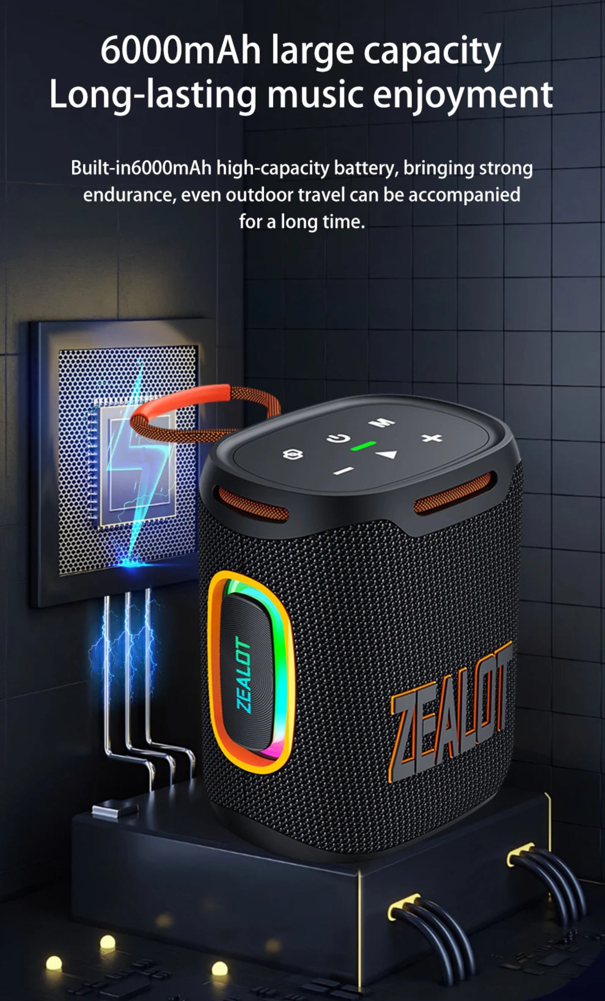 Black portable speaker with colorful display and Zealot branding on a dark background