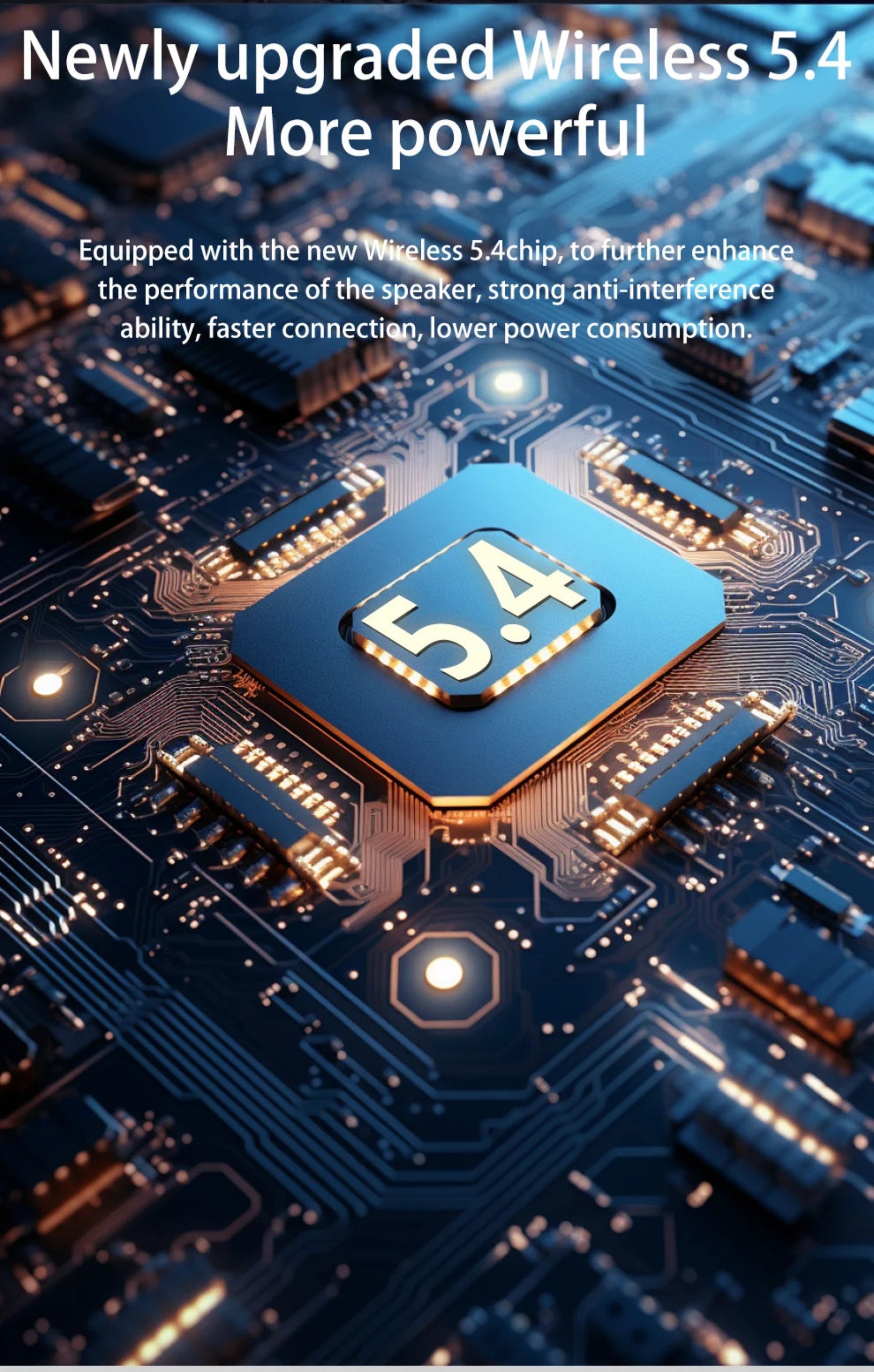 Close-up of a circuit board with a wireless 5.4 chip, emphasizing technological advancement.