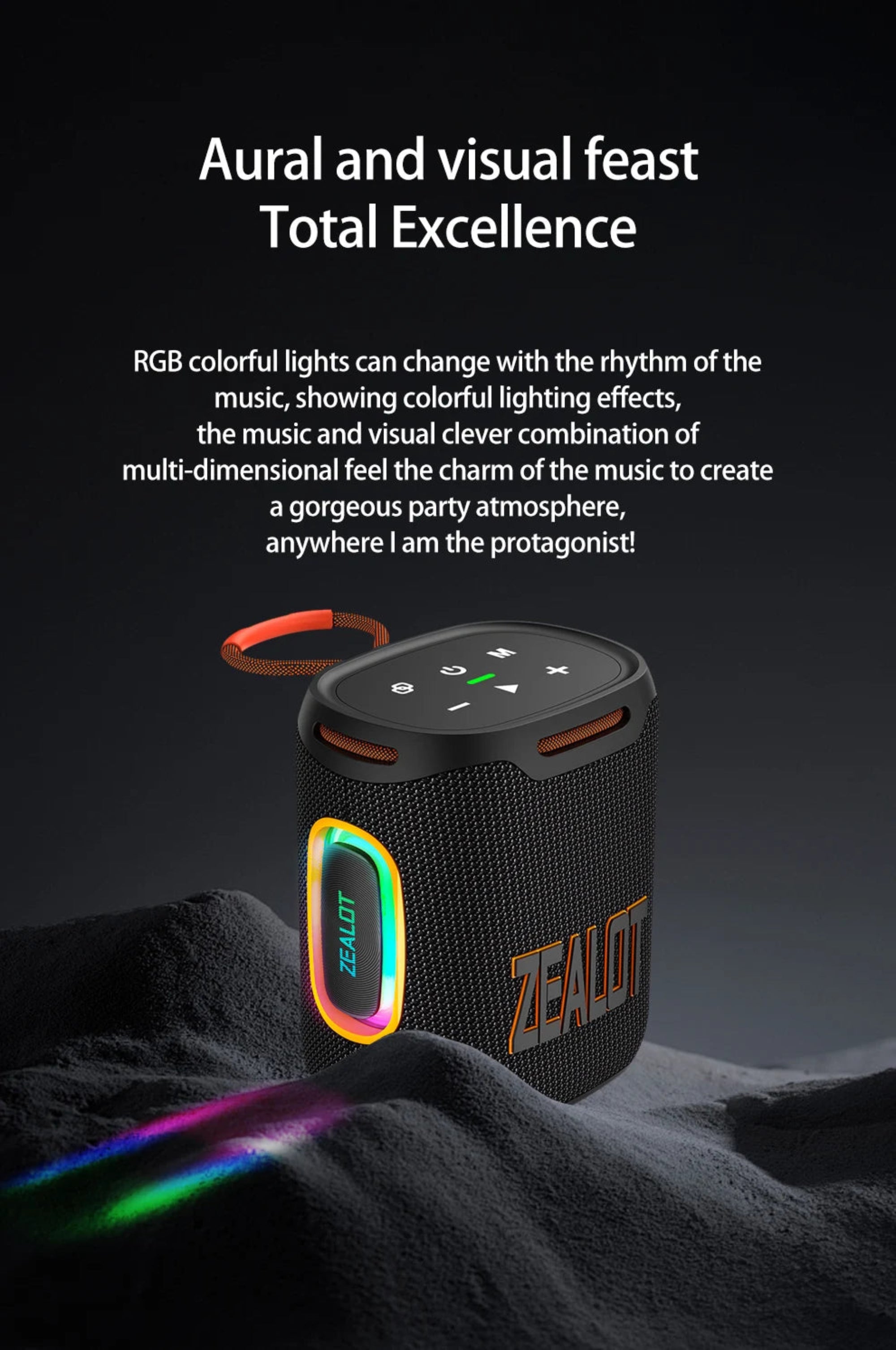 Black portable speaker with colorful lights on a dark background, featuring the brand 'Zealot'.