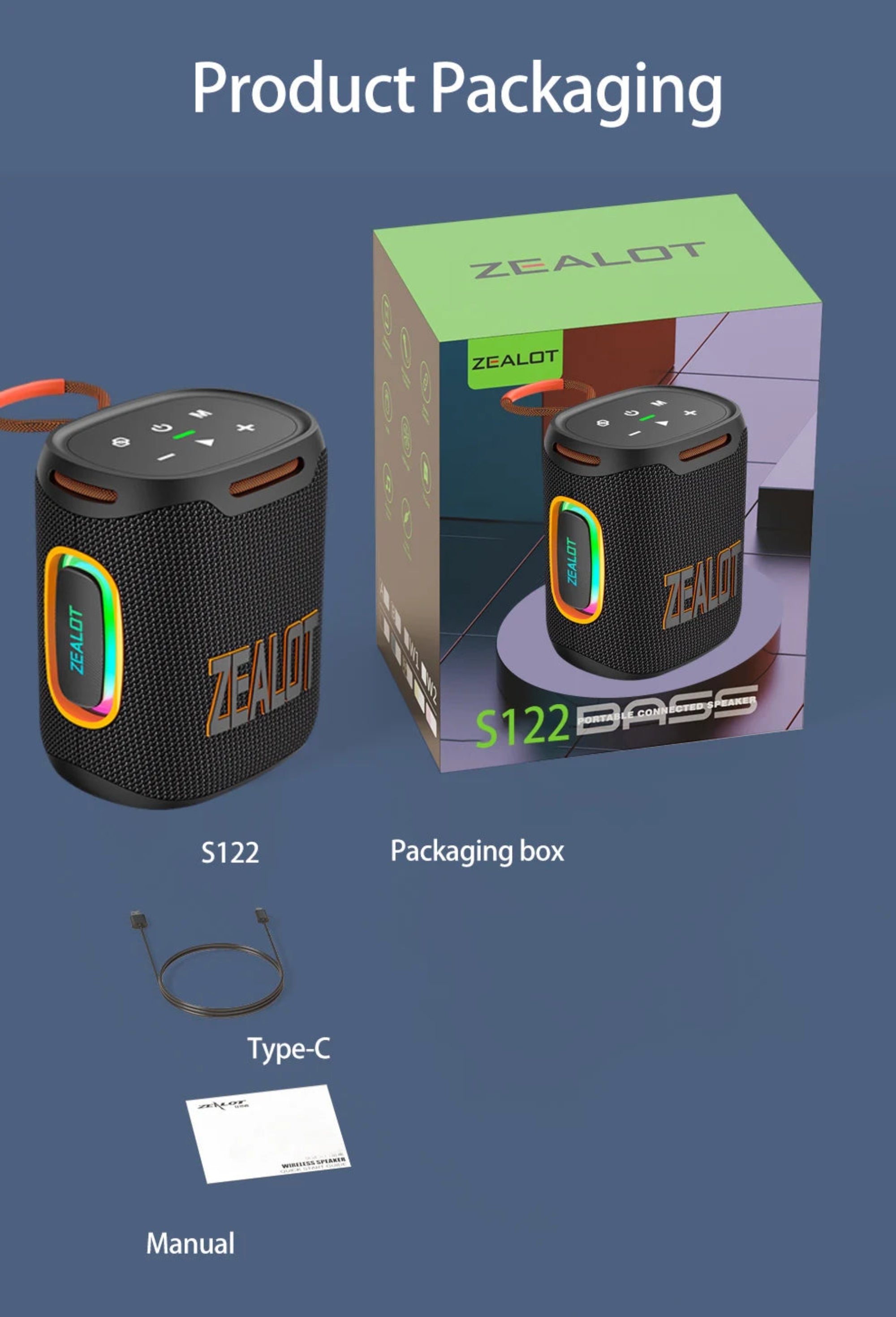 ZEALOT S122 portable speaker with packaging, Type-C cable, and manual on a blue background