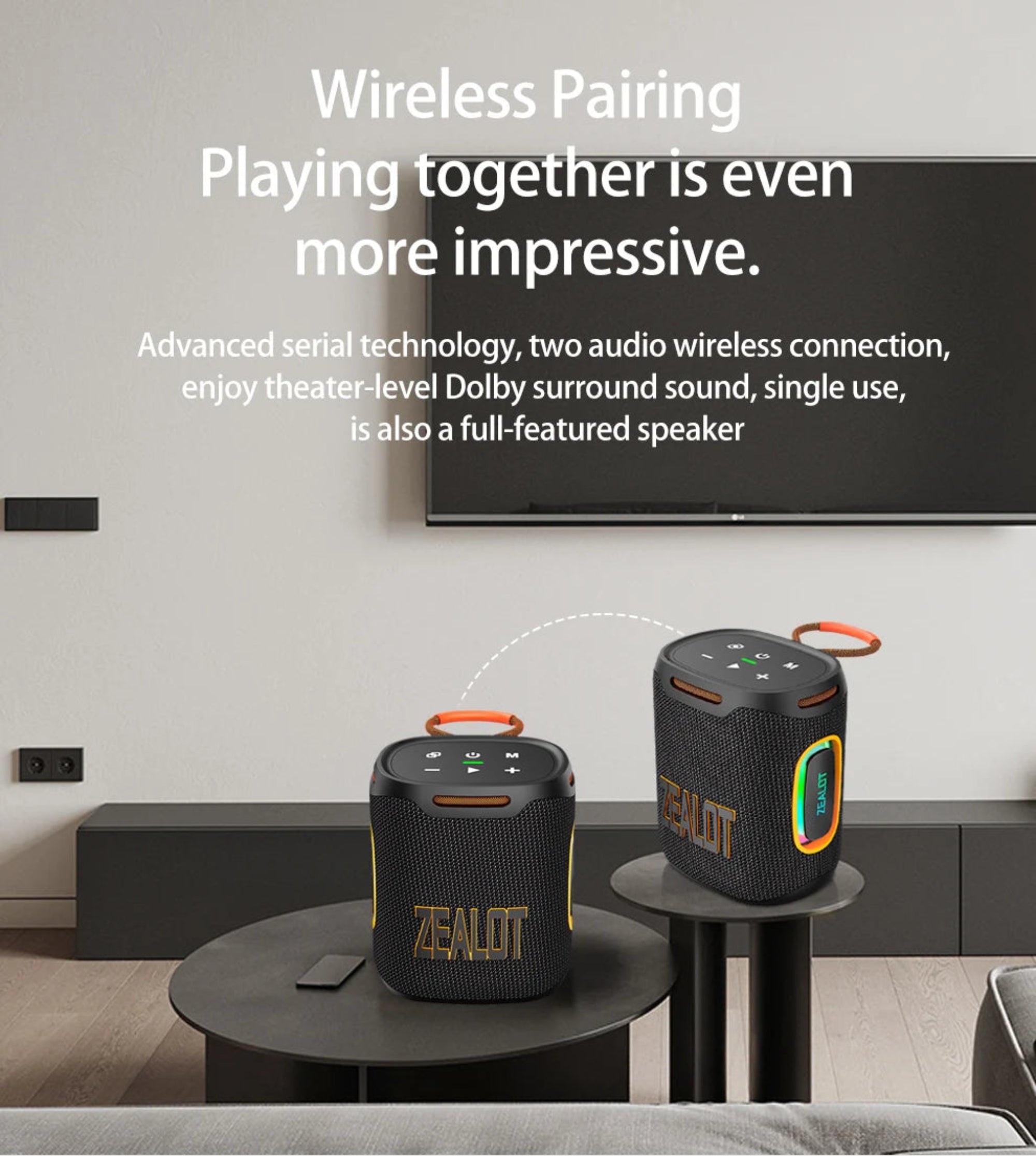 Two Zealot speakers on stands with text about wireless pairing and Dolby surround sound.