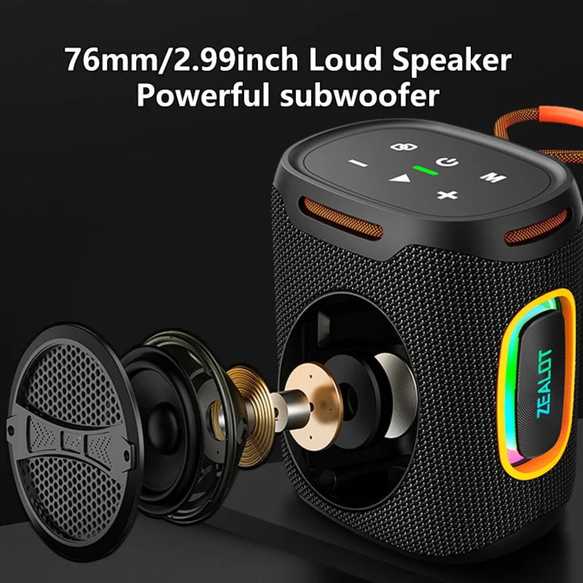 Black portable speaker with a detailed view of its components on a dark background