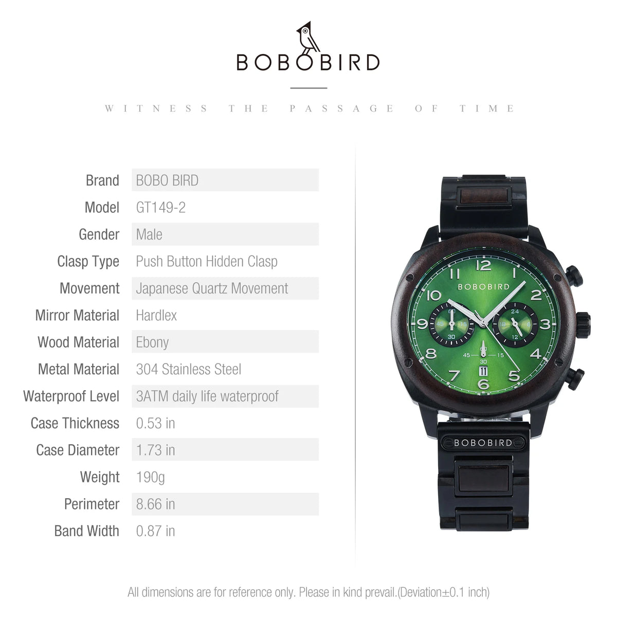 A Bobo Bird GT149-2 men's watch with a black wood grain case, black strap, and a vibrant green dial with black sub-dials. The image includes a detailed product specification list on the left and the watch itself on the right, set against a clean white background.