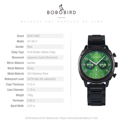 A Bobo Bird GT149-2 men's watch with a black wood grain case, black strap, and a vibrant green dial with black sub-dials. The image includes a detailed product specification list on the left and the watch itself on the right, set against a clean white background.