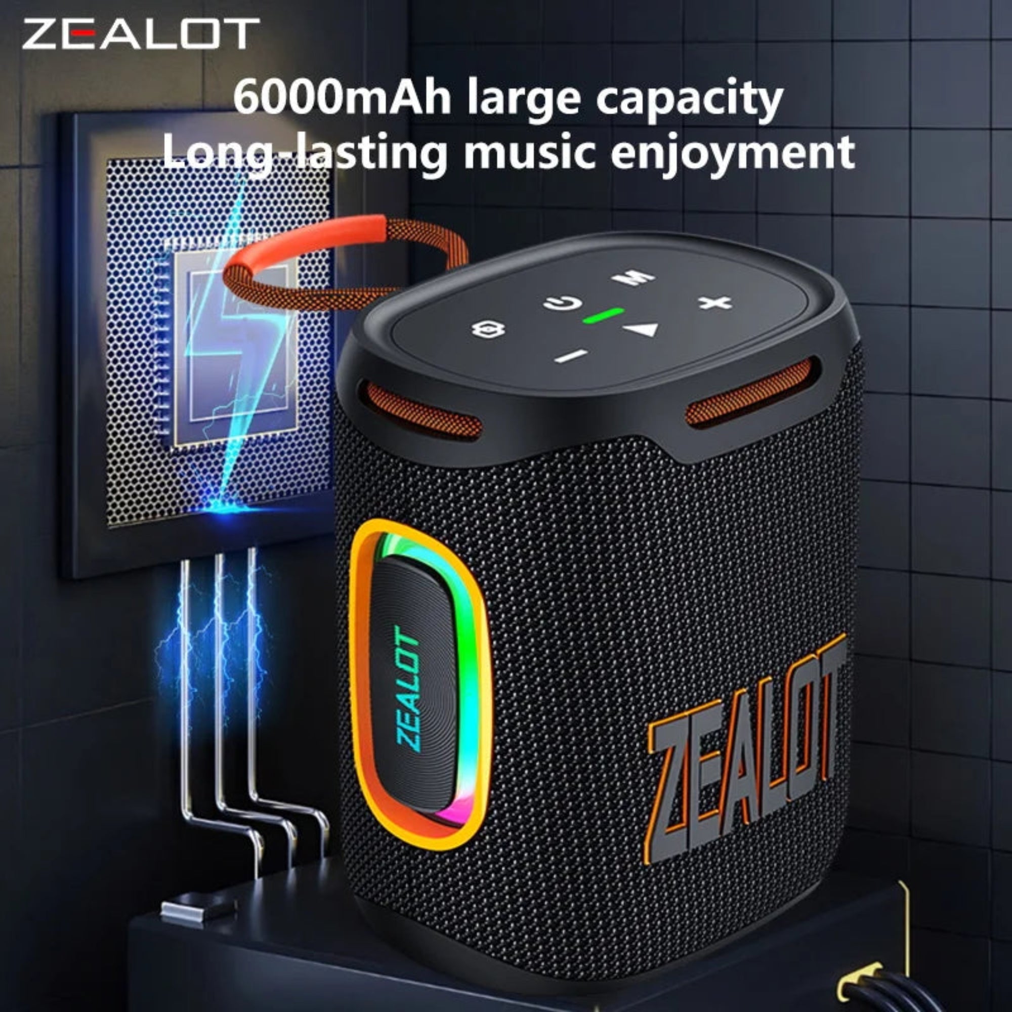 ZEALOT portable speaker with charging cable and power bank on a dark background