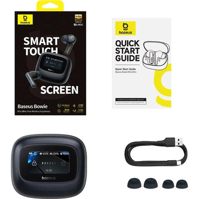 Baseus smart earbud package with screen, quick start guide, and accessories on a white background